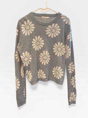 Daisy Pattern Crewneck Sweater - Dusty Blue/Cream